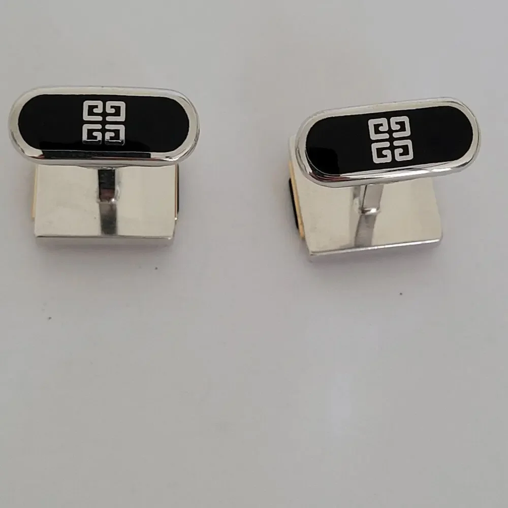 Givenchy Cufflinks Set Silver Gold Tone Black Onyx Square Logo Vintage Designer‎